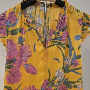 Current Air Los Angeles Ruffle Sleeve Floral Blouse | Size LYellow, Pink,
